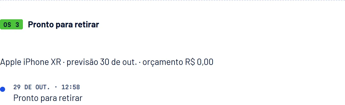 Página de acompanhamento no site: o cliente digita o código da OS e o WhatsApp e vê a etapa em que o aparelho está