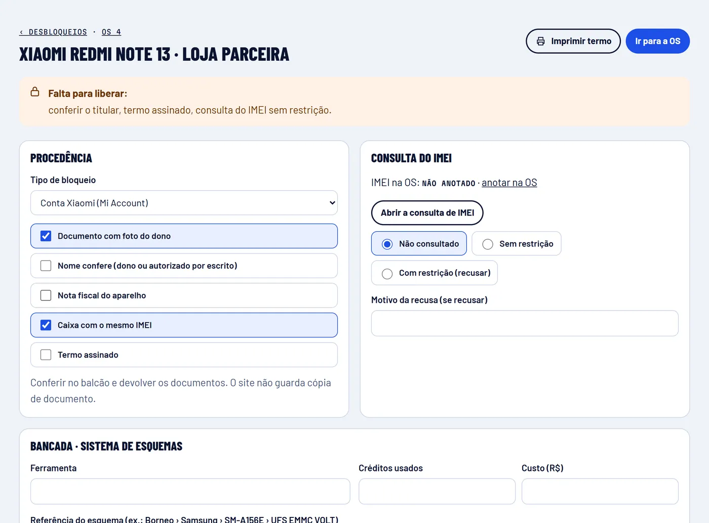 Ficha de procedência de um desbloqueio no painel: documento com foto, titular conferido, nota fiscal ou caixa com IMEI, consulta na Anatel e termo para imprimir